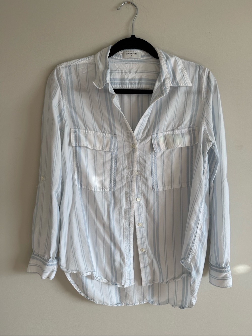 Aritzia Babaton Light Blue and White Striped Button-Down Shirt